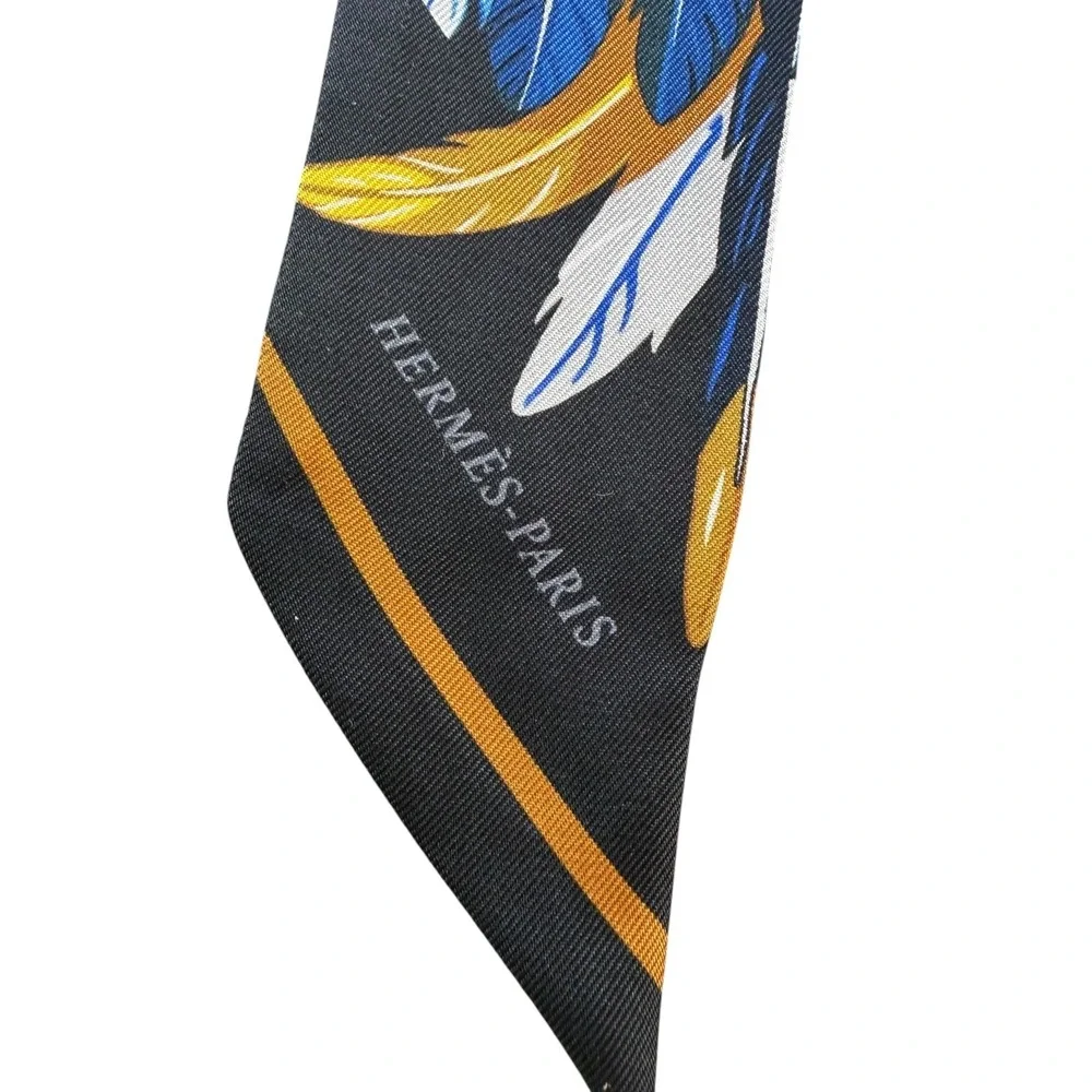 Hermes Silk Twilly Scarf Feathers Blue Gold Noir w/ Box Made in France - Picture 3 of 8